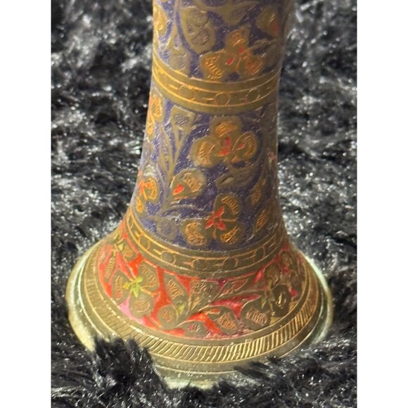 Handcrafted Brass Vase With Intricate Floral Design & Red/Blue Accents - Picture 2 of 6